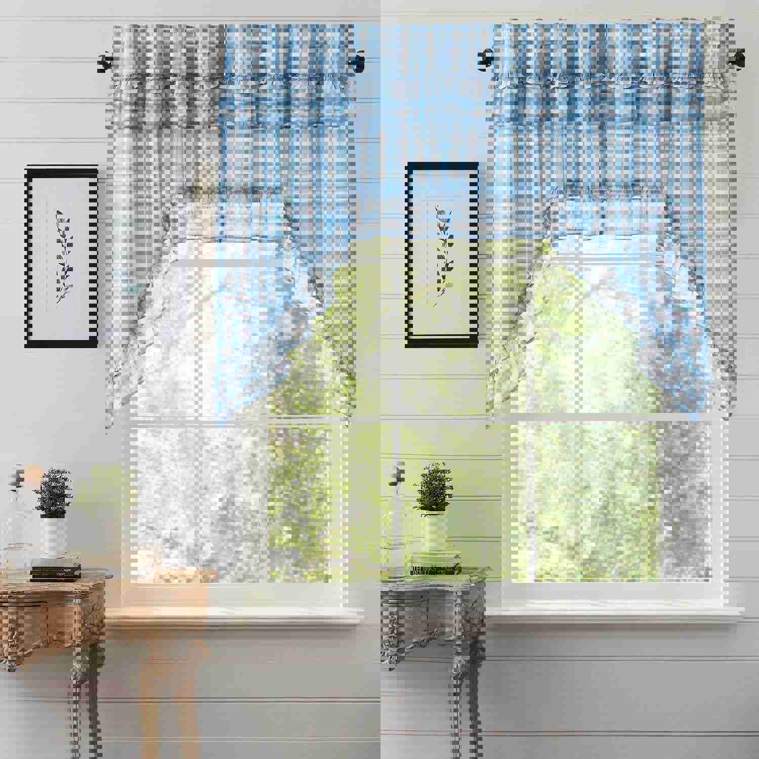 Elegant Annie Blue Buffalo Check Ruffled Lined Swag Curtains