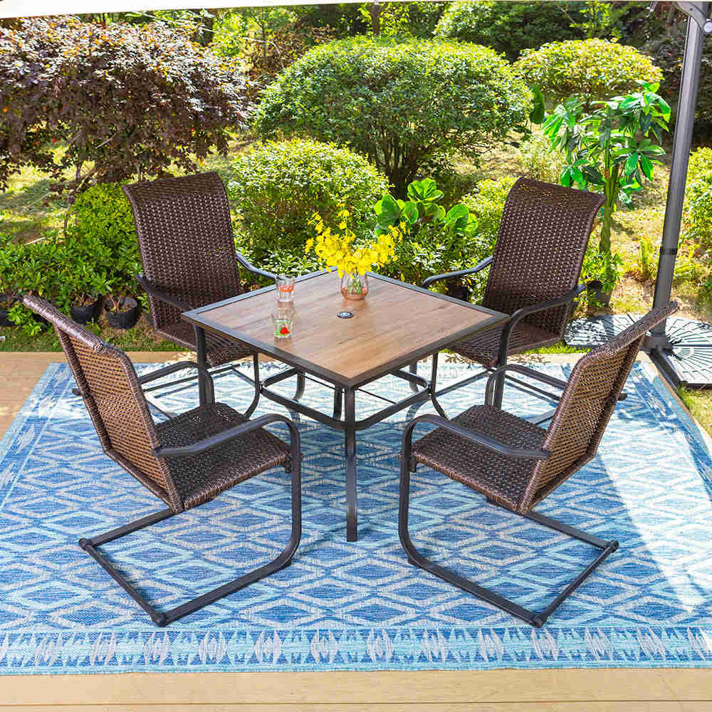 PHI VILLA 5-Piece Outdoor Dining Set with Durable Rattan Chairs and Steel Table