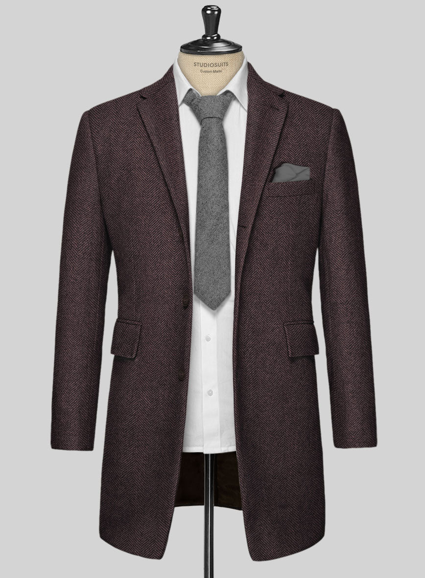 Elegant Dark Wine Herringbone Tweed Overcoat