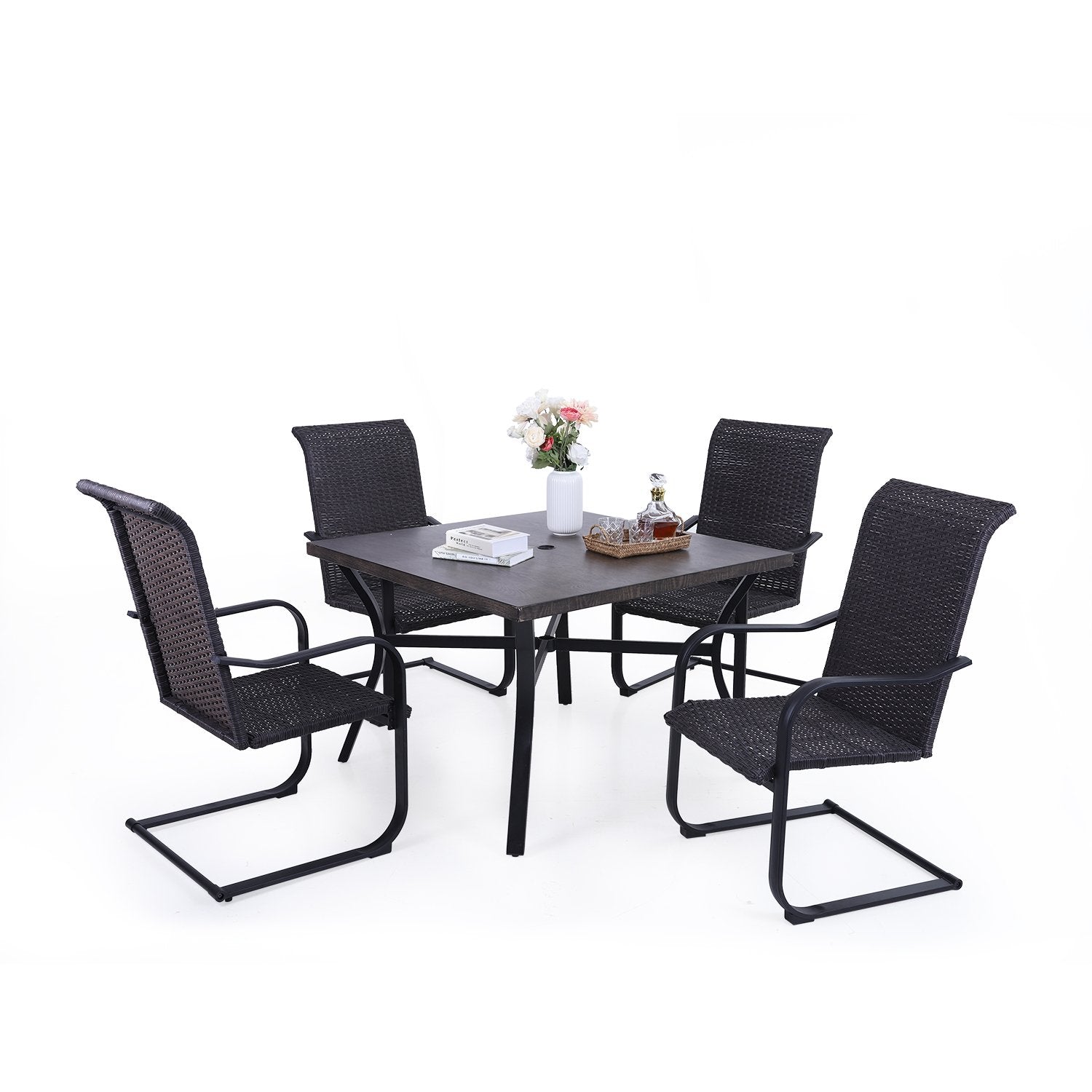 PHI VILLA 5-Piece Outdoor Dining Set with Durable Rattan Chairs and Steel Table