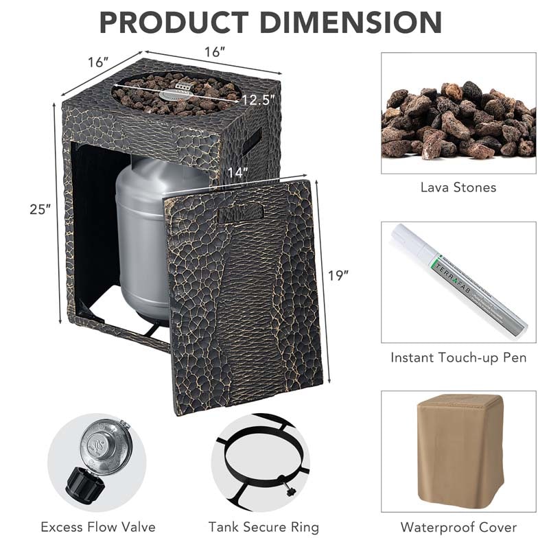 Durable 16" Square Outdoor Propane Fire Pit with 30,000 BTU