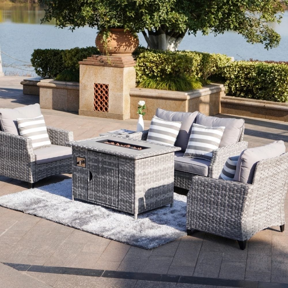 Enhanced Outdoor Comfort with Amora 5-Piece Wicker Set and Fire Pit