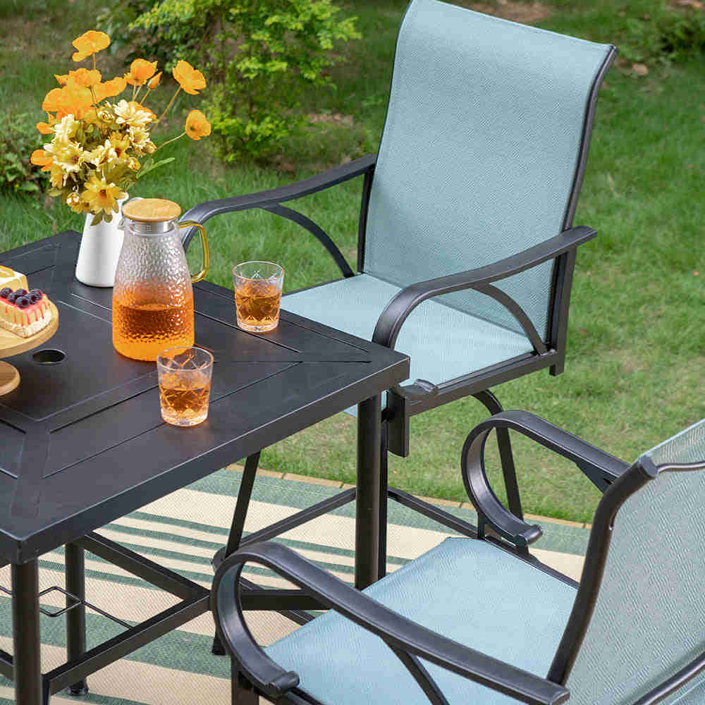 PHI VILLA Outdoor Bar Stool Set with Steel Table & Swivel Textilene Stools