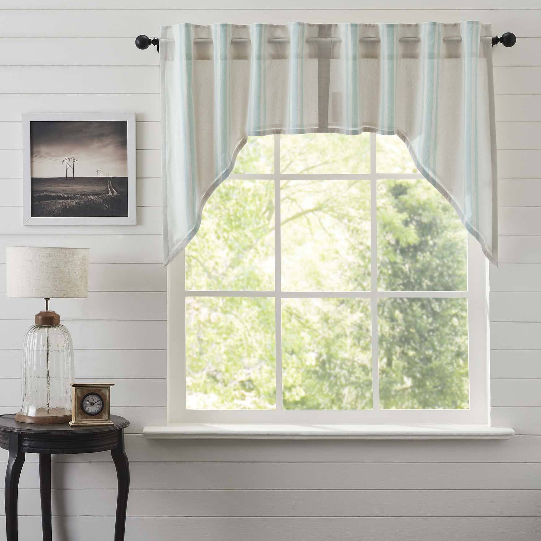 Aqua Striped Cotton Lined Swag Curtains