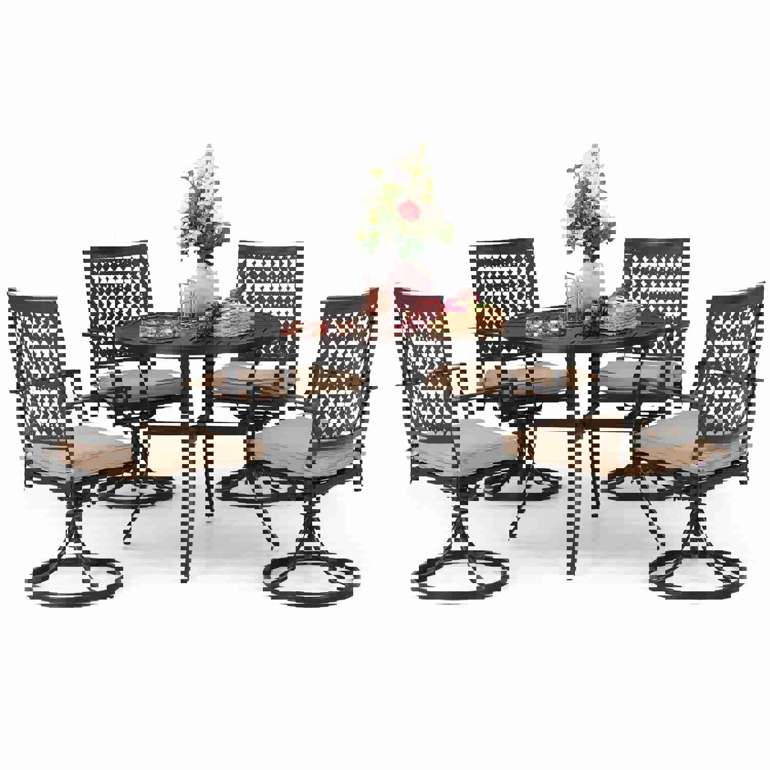 PHI VILLA 5-Piece Outdoor Dining Set with 6 Swivel Chairs and Round Steel Slat Table