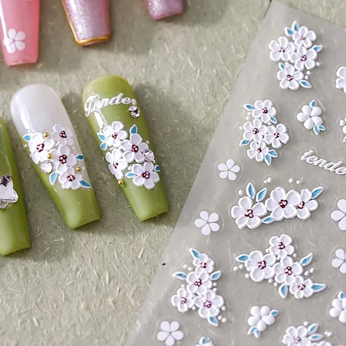 Elegant White Flower Nail Art Stickers, 5D Design for DIY Manicures