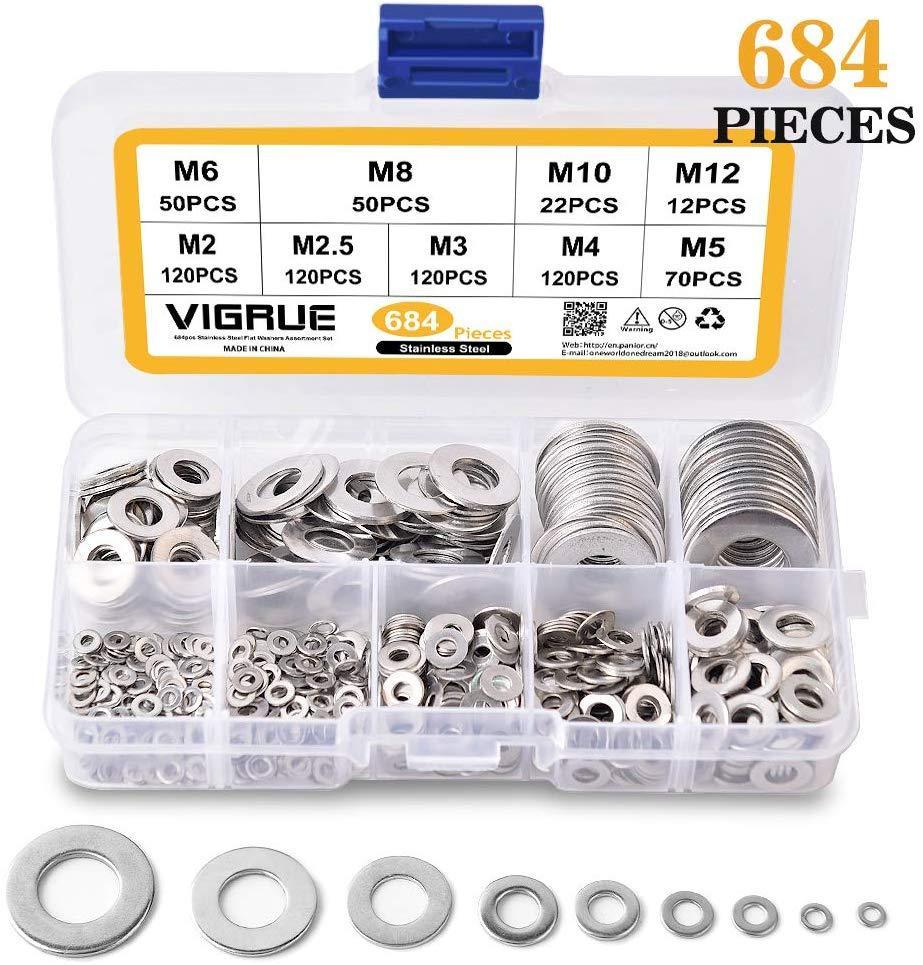 VIGRUE 684-Piece Black Zinc Plated Steel Flat Washers Set - 9 Sizes Included