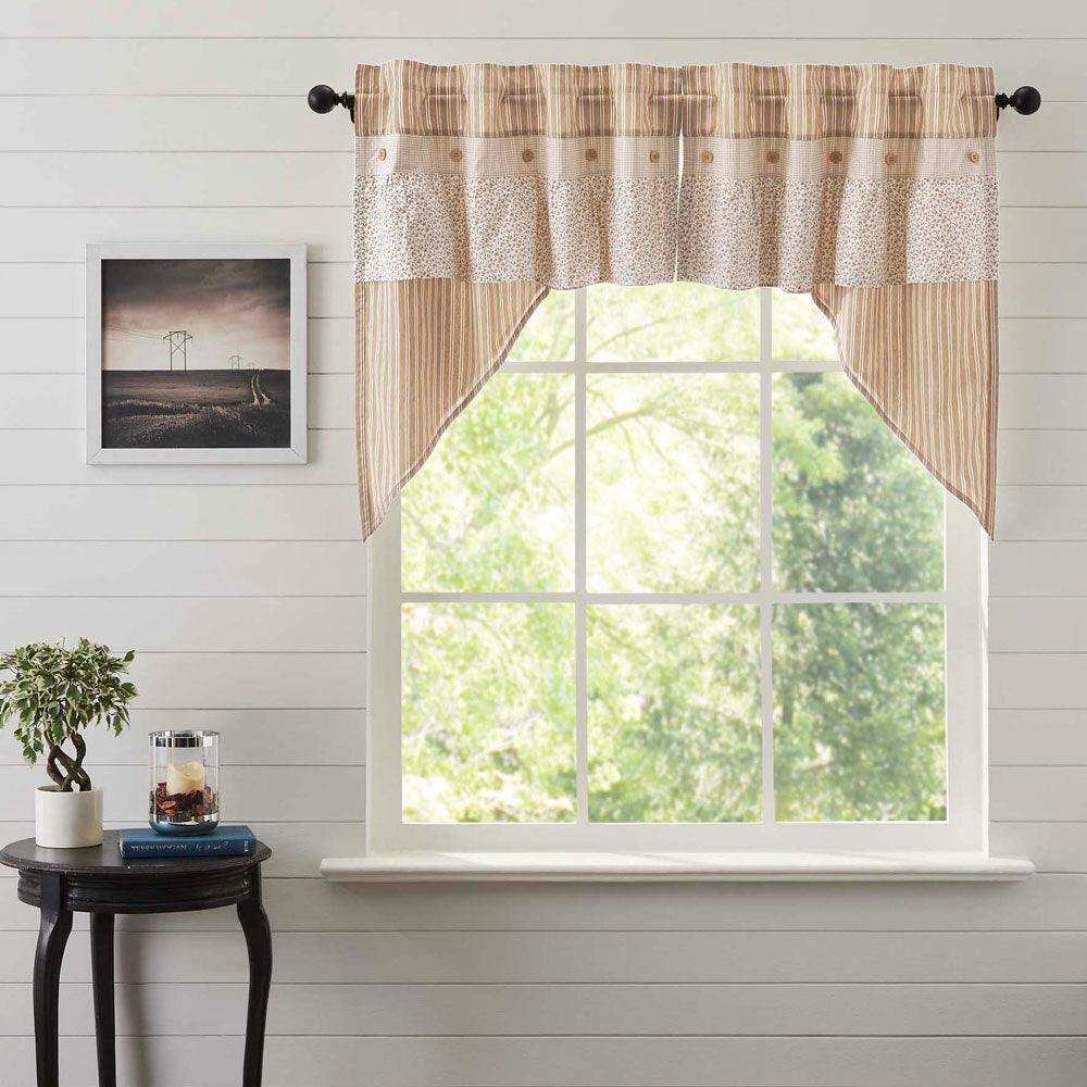 Topfinel Ticking Ruffled Swags with Wooden Buttons - Country Cottage Charm