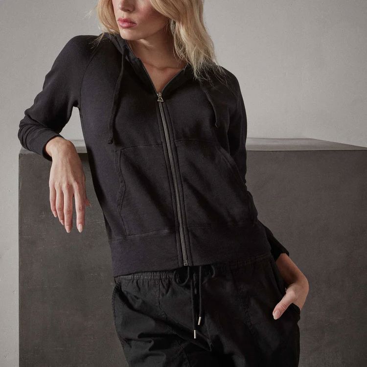 Vintage French Terry Zip-Up Hoodie in Black