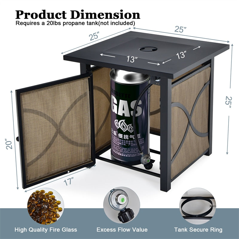 25" Square Propane Fire Pit Table with 40,000 BTU Heat and CSA Certification