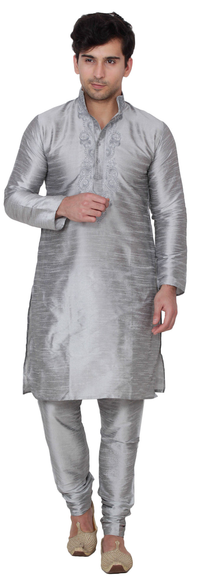 Elegant Silk Embroidered Men's Kurta Pajama - Grey