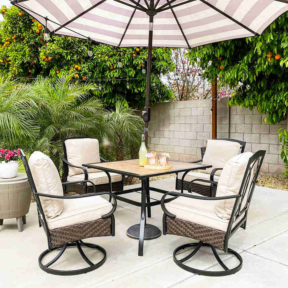 5-Piece Outdoor Dining Set with Rattan Swivel Chairs and Square Table PHI VILLA