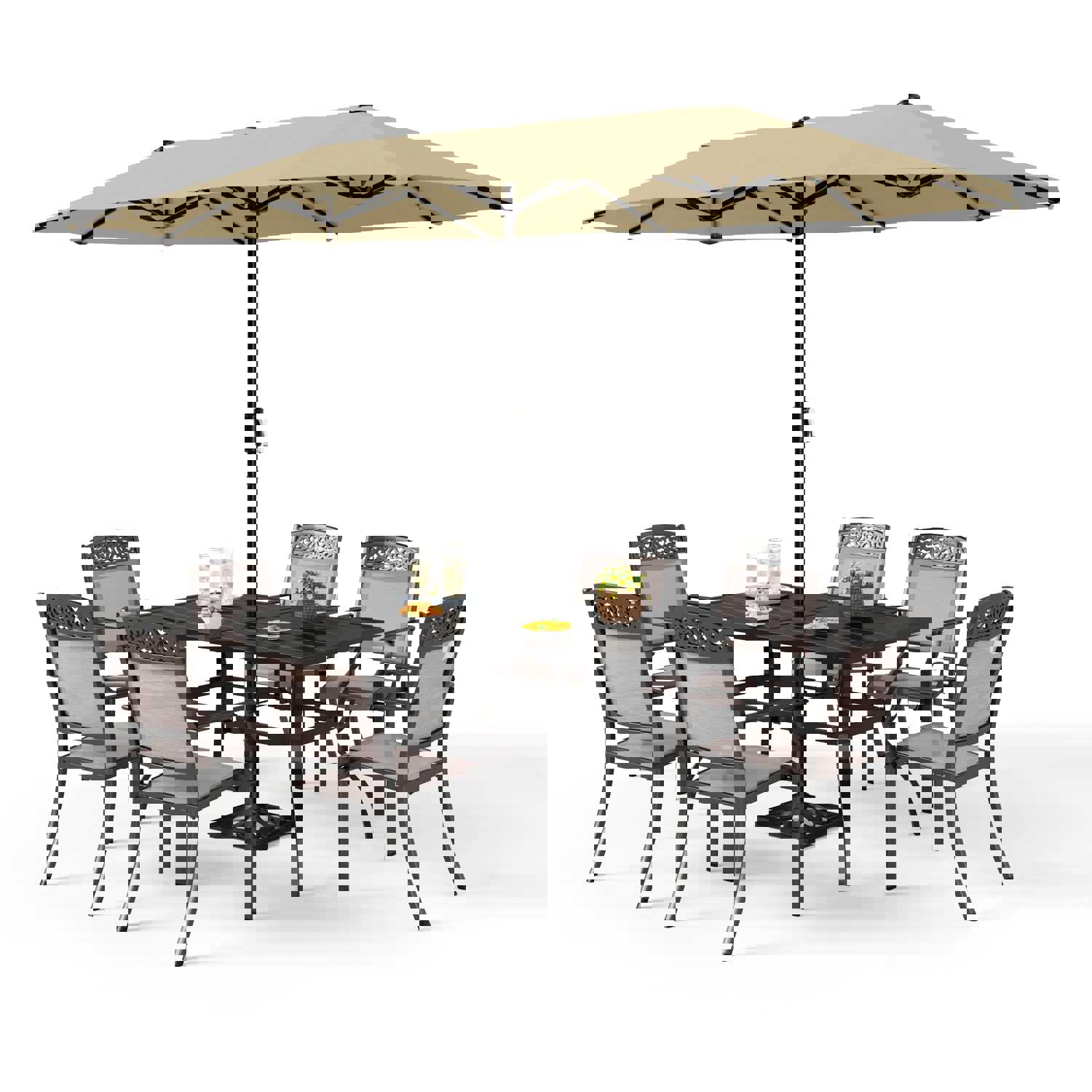 PHI VILLA 8-Piece Outdoor Dining Set with 13ft Umbrella, Rectangle Steel Table, and Textilene Chairs