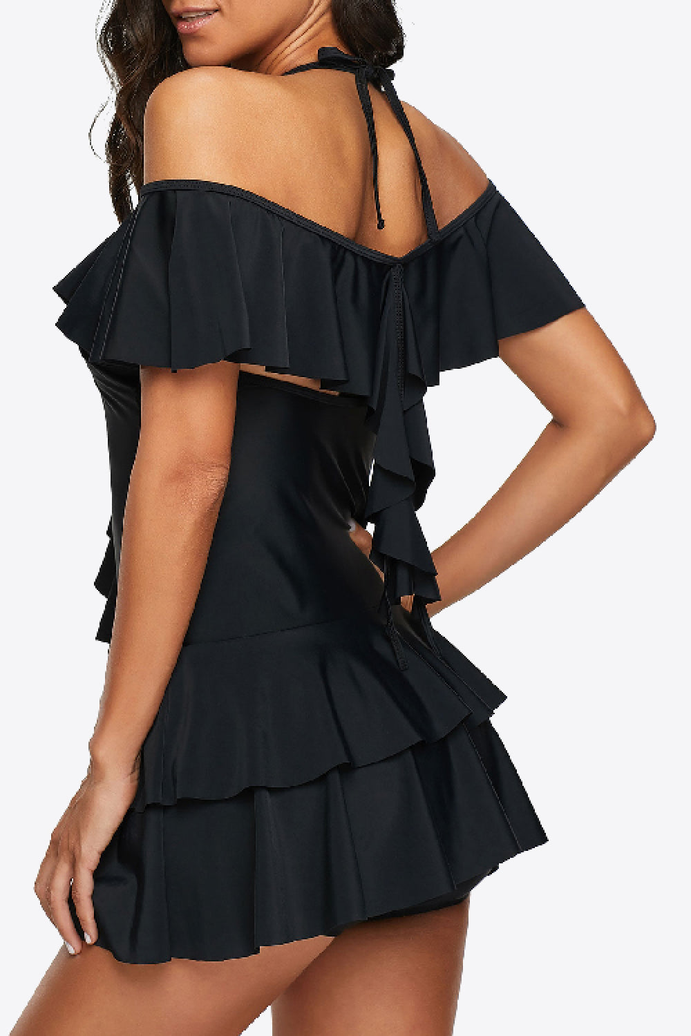 Stylish Ruffled Cold-Shoulder Swimsuit in Black
