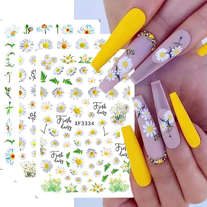 Daisy Nail Art Sticker Decals - 12 Sheets of 3D Floral Designs for Spring and Summer