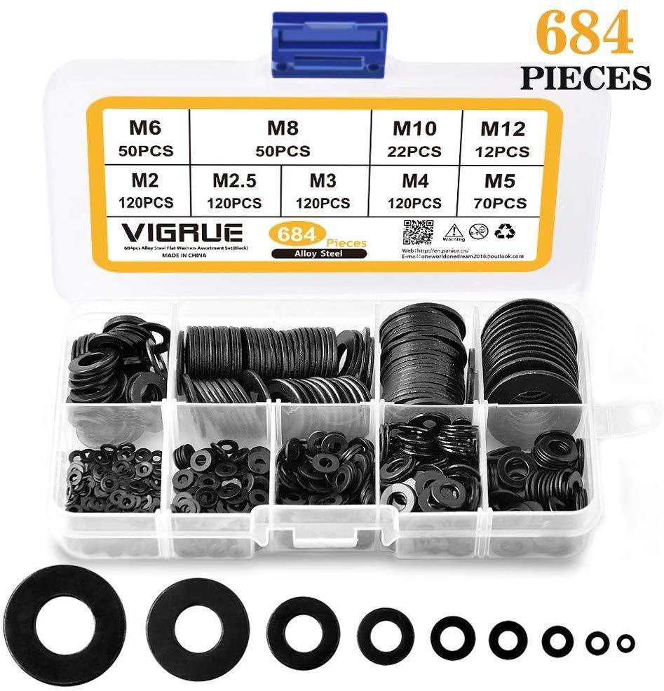 VIGRUE 684-Piece Black Zinc Plated Steel Flat Washers Set, 9 Sizes M2-M12
