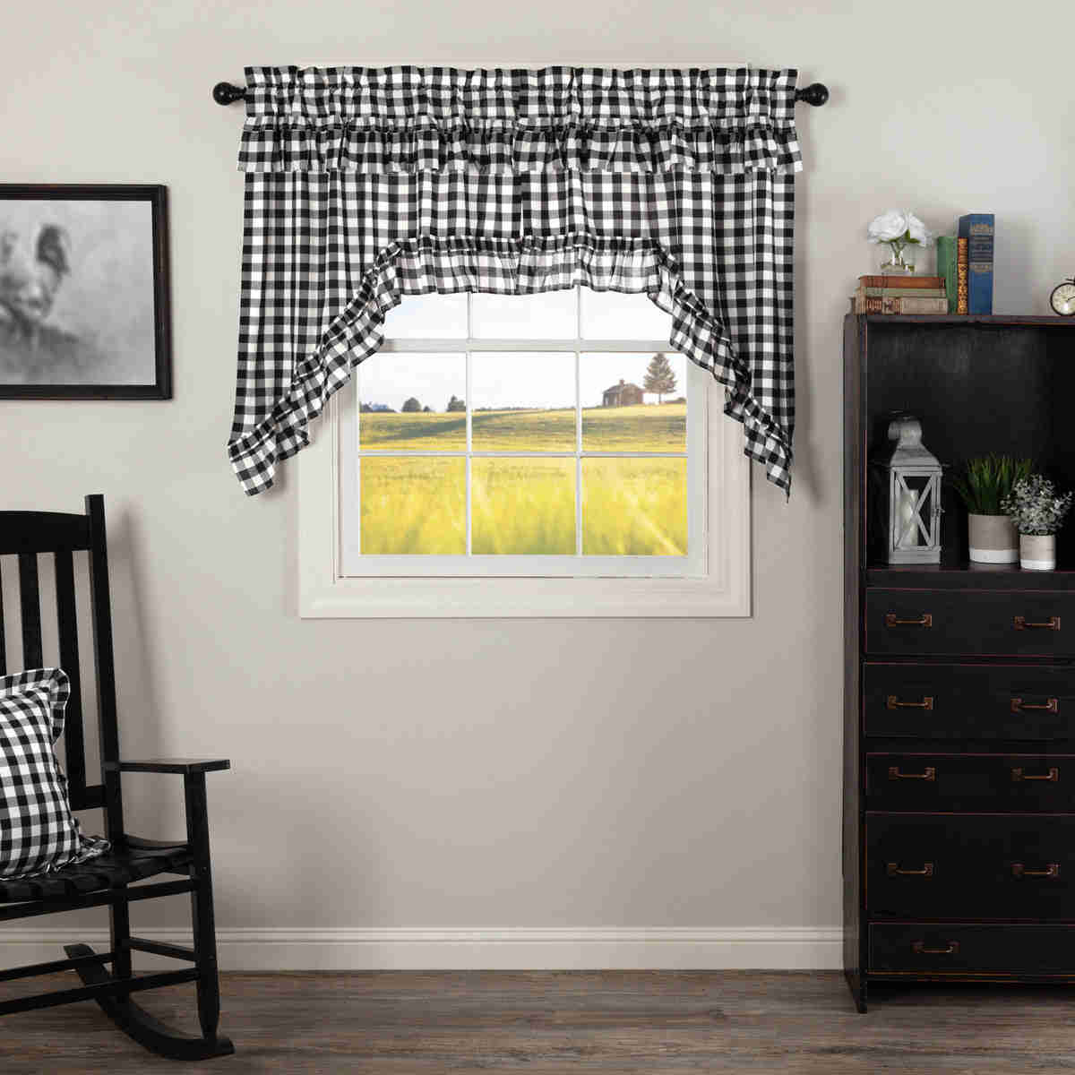 Annie Buffalo Check Black Ruffled Swag Curtains - Elegant Country Style