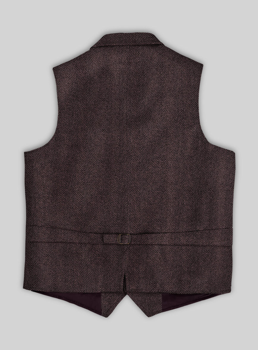 Elegant Italian Dark Wine Herringbone Tweed Hunting Vest
