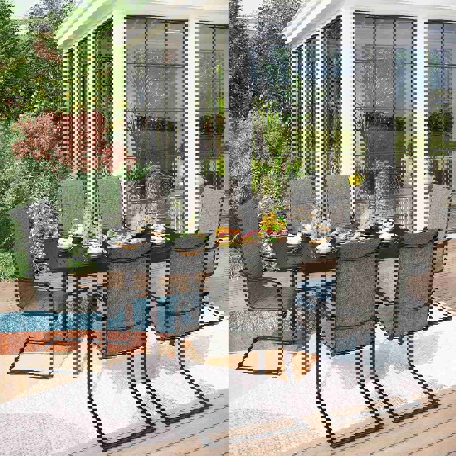 PHI VILLA Outdoor Dining Set with Adjustable Table & C-Spring Chairs