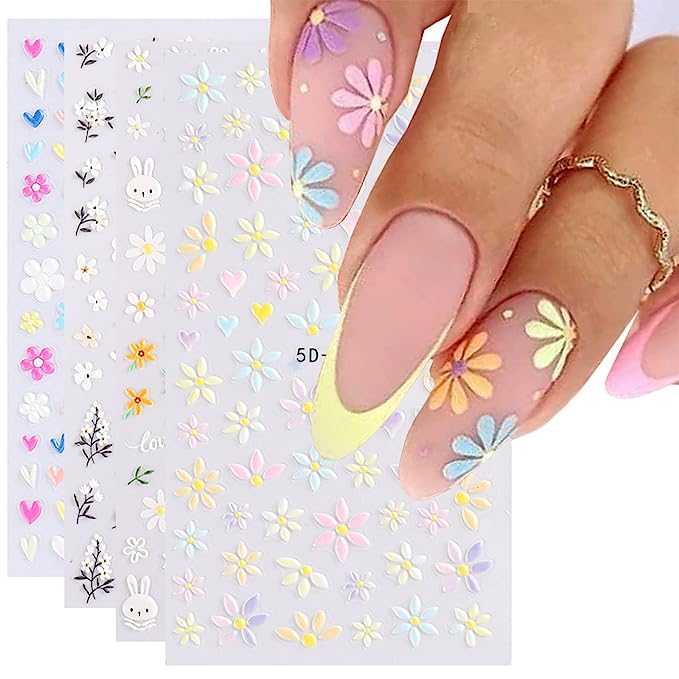YOSOMK Daisy Blossom Nail Art Stickers, 5D Embossed Design for Unique Manicures