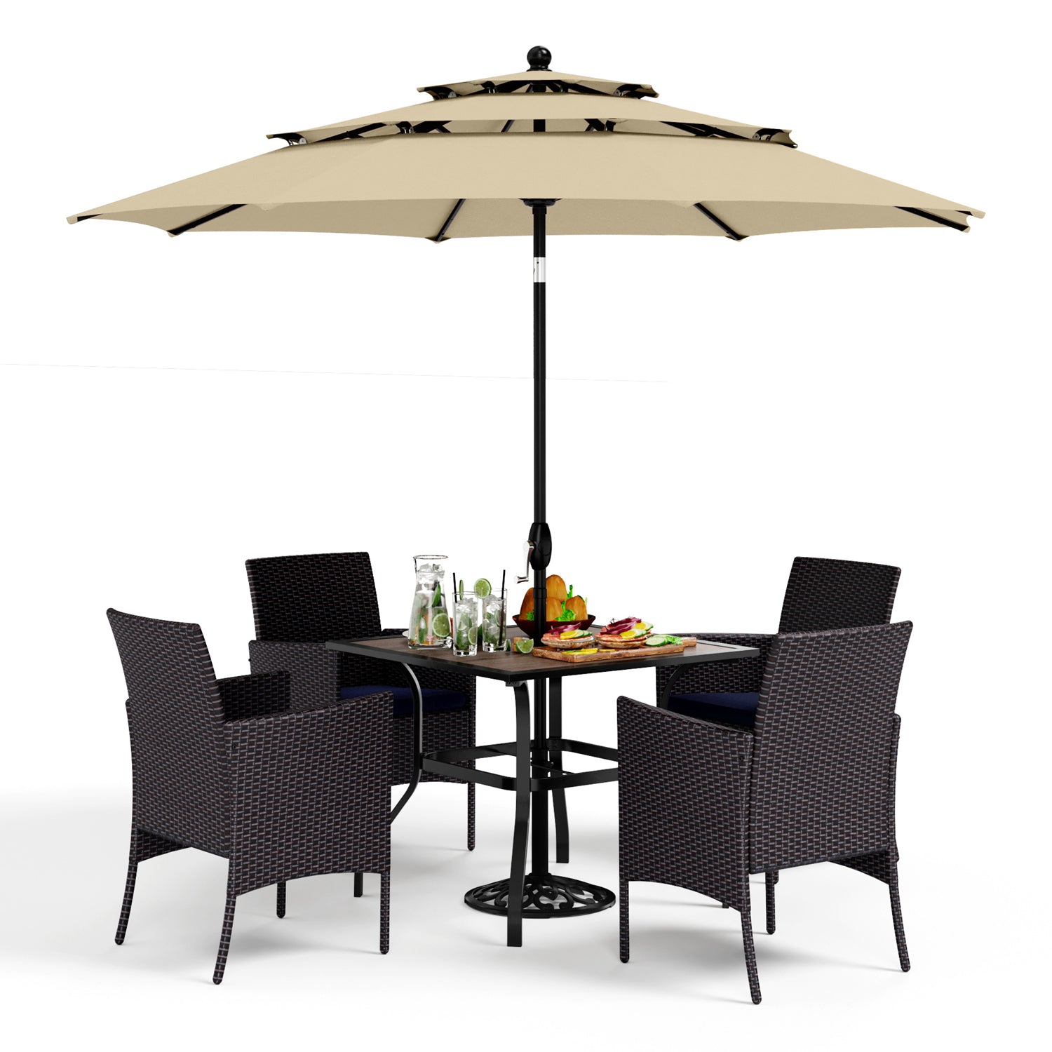 PHI VILLA 6-Piece Outdoor Dining Set with 10ft Umbrella, Wood-Look Square Table, Cushioned Rattan Chairs
