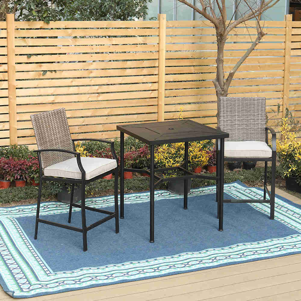 PHI VILLA Outdoor Rattan Bar Stool Set with Geometric High Table
