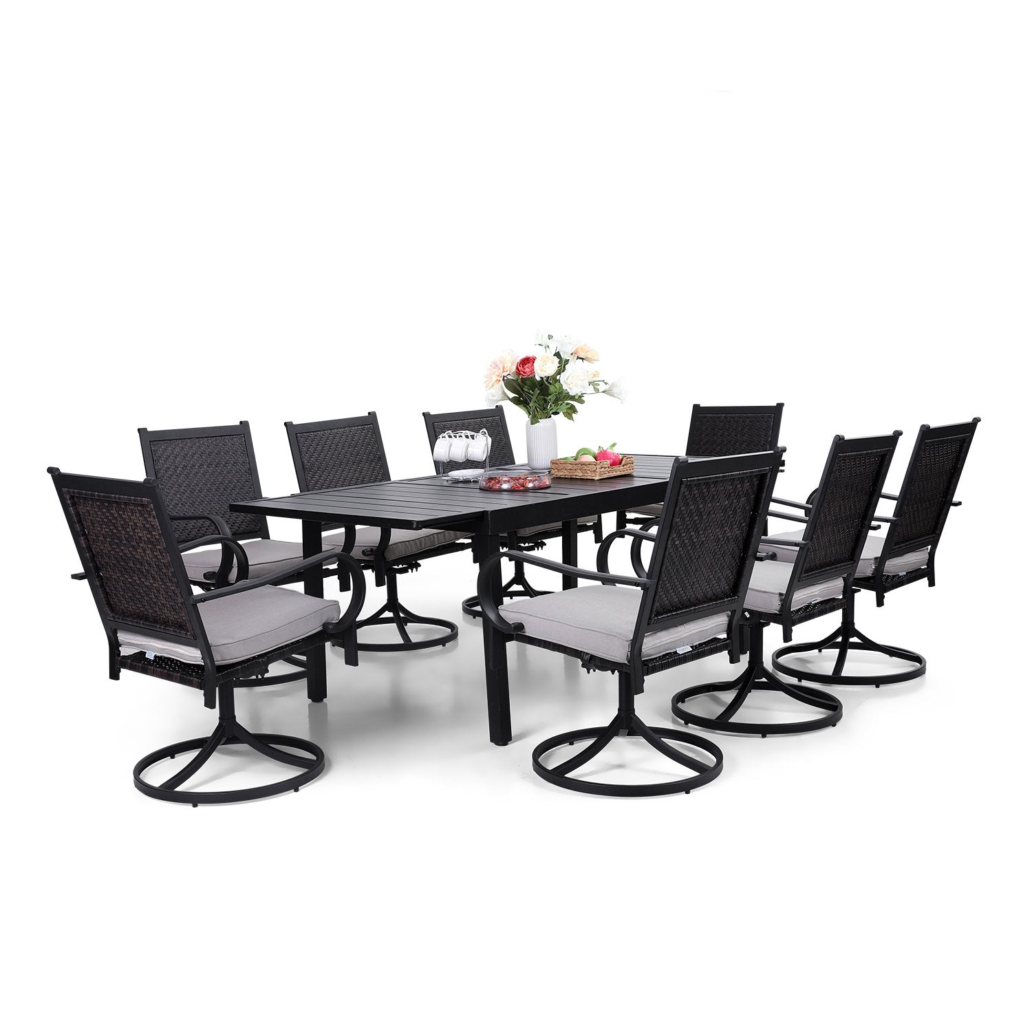 PHI VILLA Outdoor Patio Dining Set with Rattan Swivel Chairs and Extendable Steel Table