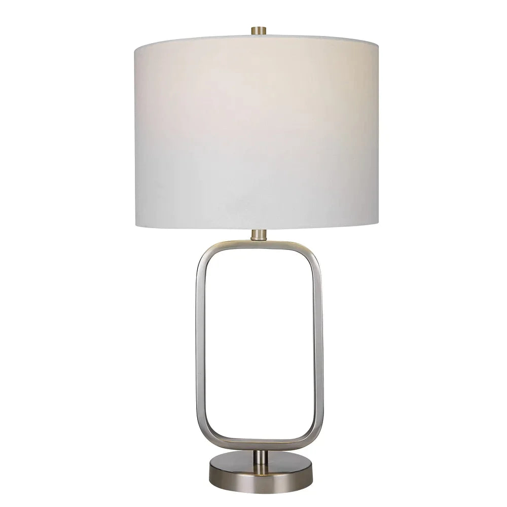 Stylish 27 Inch Silver Metal Table Lamp with White Linen Shade