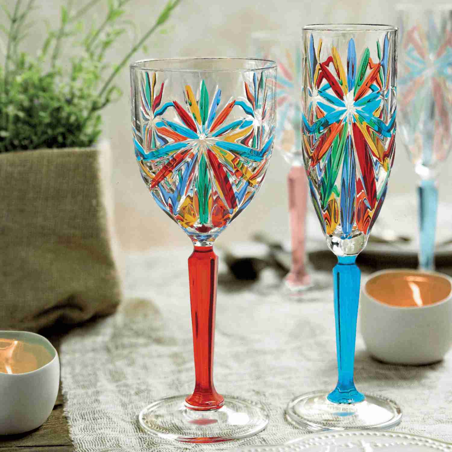 Elegant Starburst Pattern Wine Glasses, Hand-Painted Italian Crystal, Set of 2