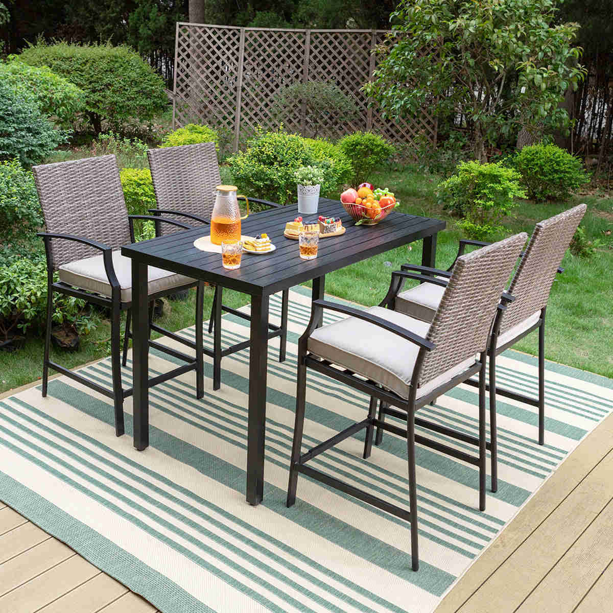 Alfresco Elegance Outdoor Bar Stool Set with Cushioned Seats and Rustic High Table