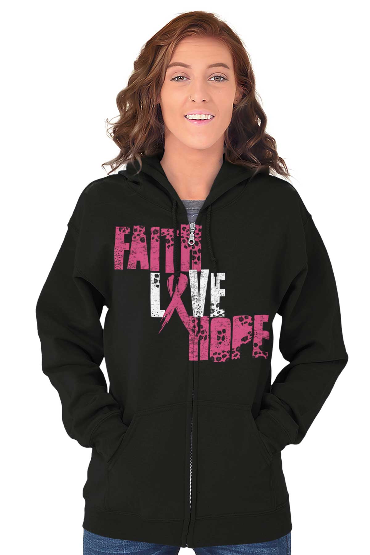 Support Breast Cancer Awareness with Pink Faith Love Hope Zip Hoodie
