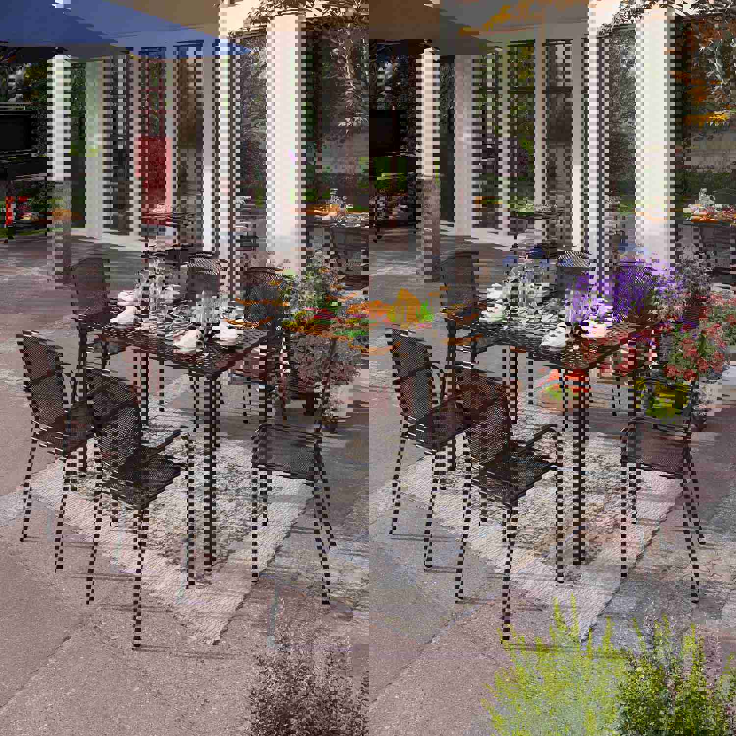 Phi Villa 7-Piece Outdoor Dining Set with Metal Steel Chairs and Rectangle Table