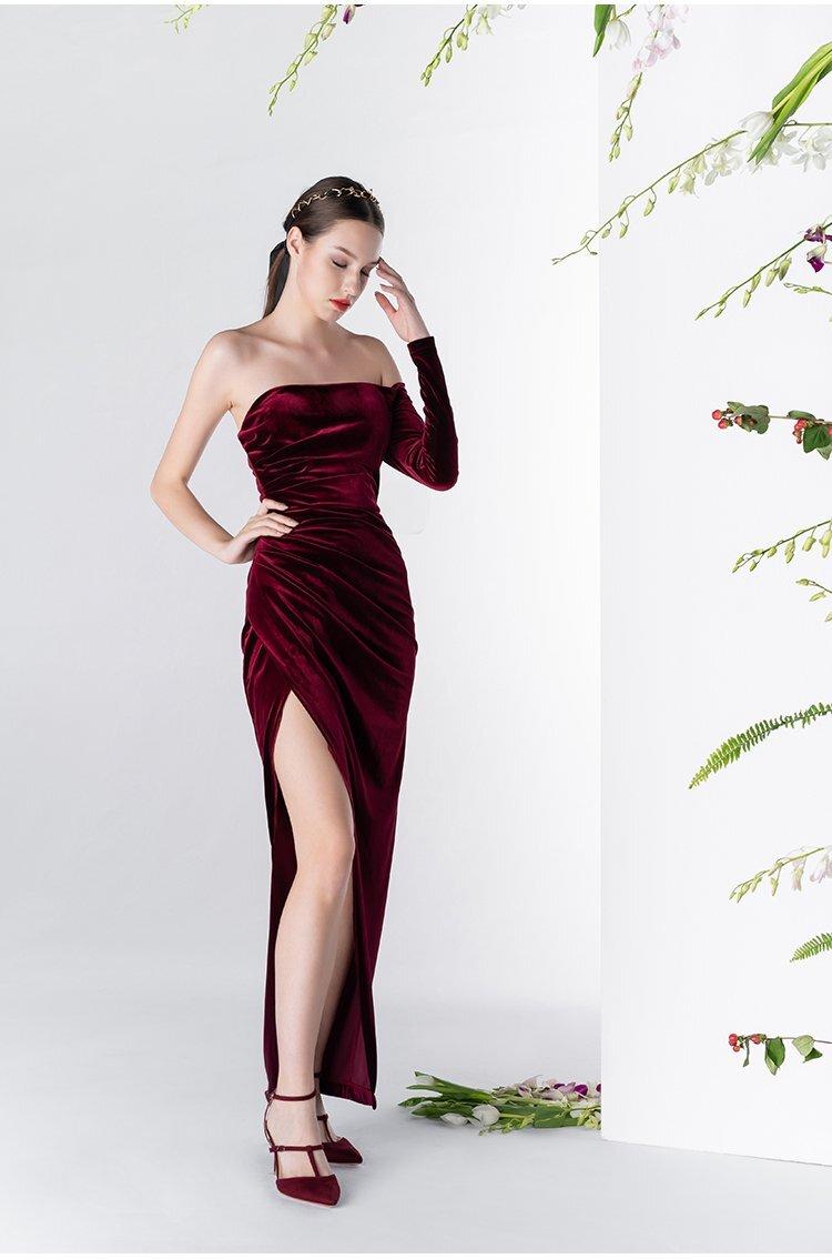 Elegant Vintage Wine Red Velvet One-Sleeved Prom Dress