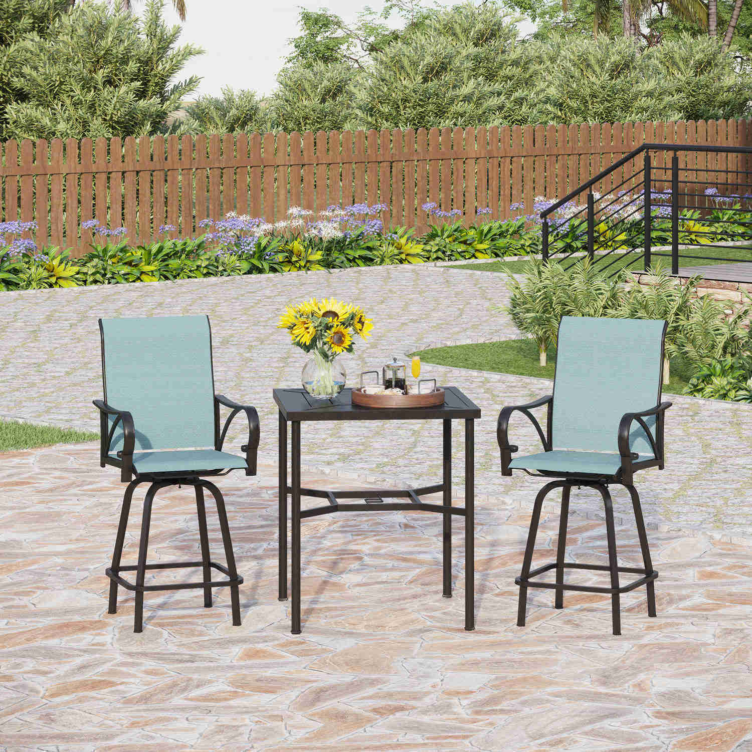 PHI VILLA Outdoor Bar Stool Set with Steel Table & Swivel Textilene Stools