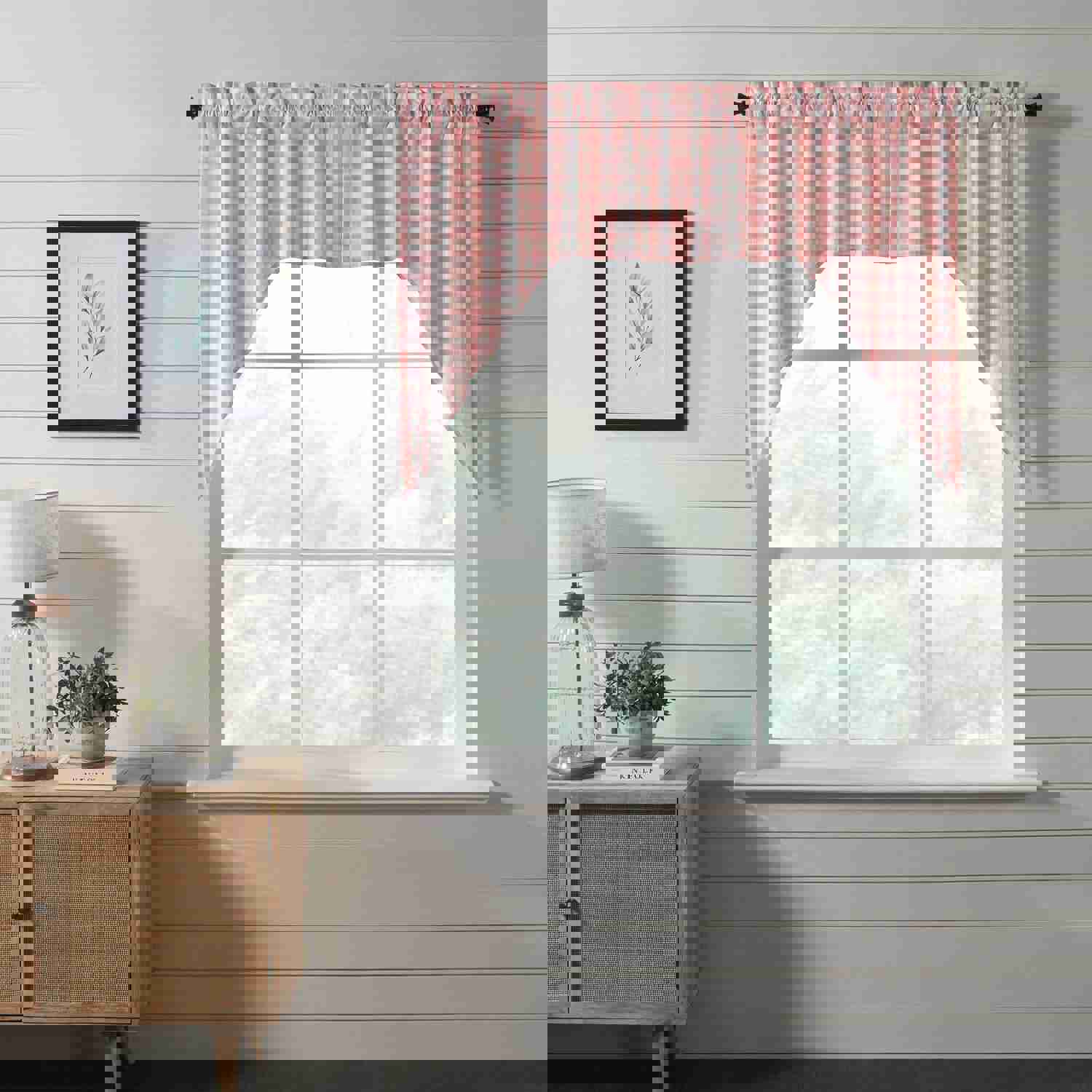 Annie Coral Buffalo Check Lined Swag Curtains Set