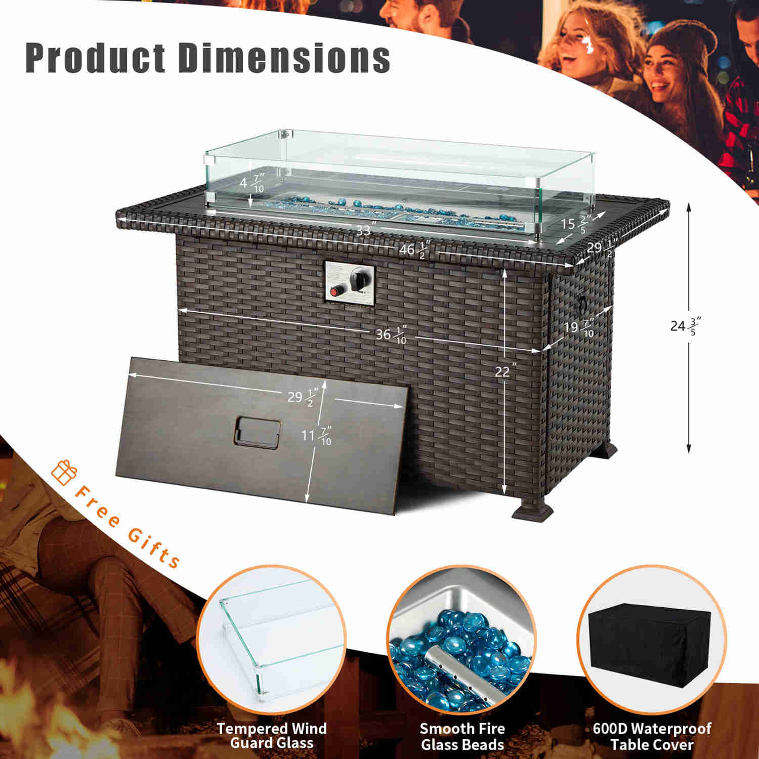 Homrest 44" Outdoor Propane Gas Fire Pit Table with Auto-Ignition, Windguard, and Storage