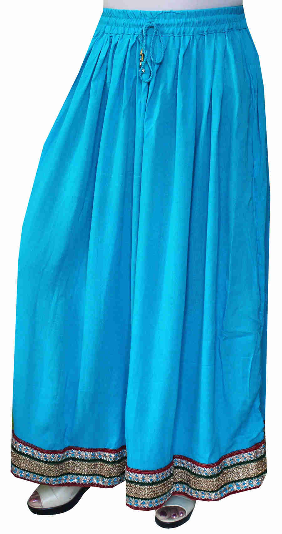 Women's Sky Blue Rayon Long Skirt with Patchwork Border