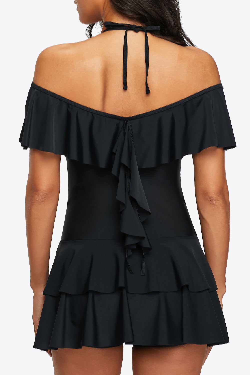 Stylish Ruffled Cold-Shoulder Swimsuit in Black