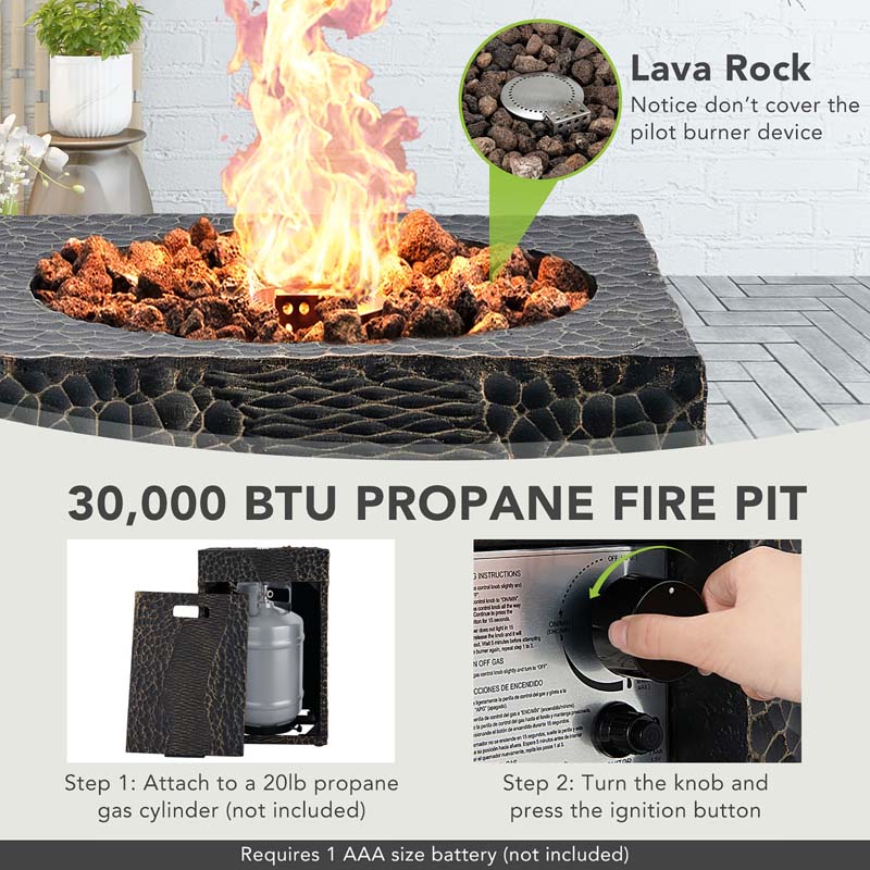 Durable 16" Square Outdoor Propane Fire Pit with 30,000 BTU
