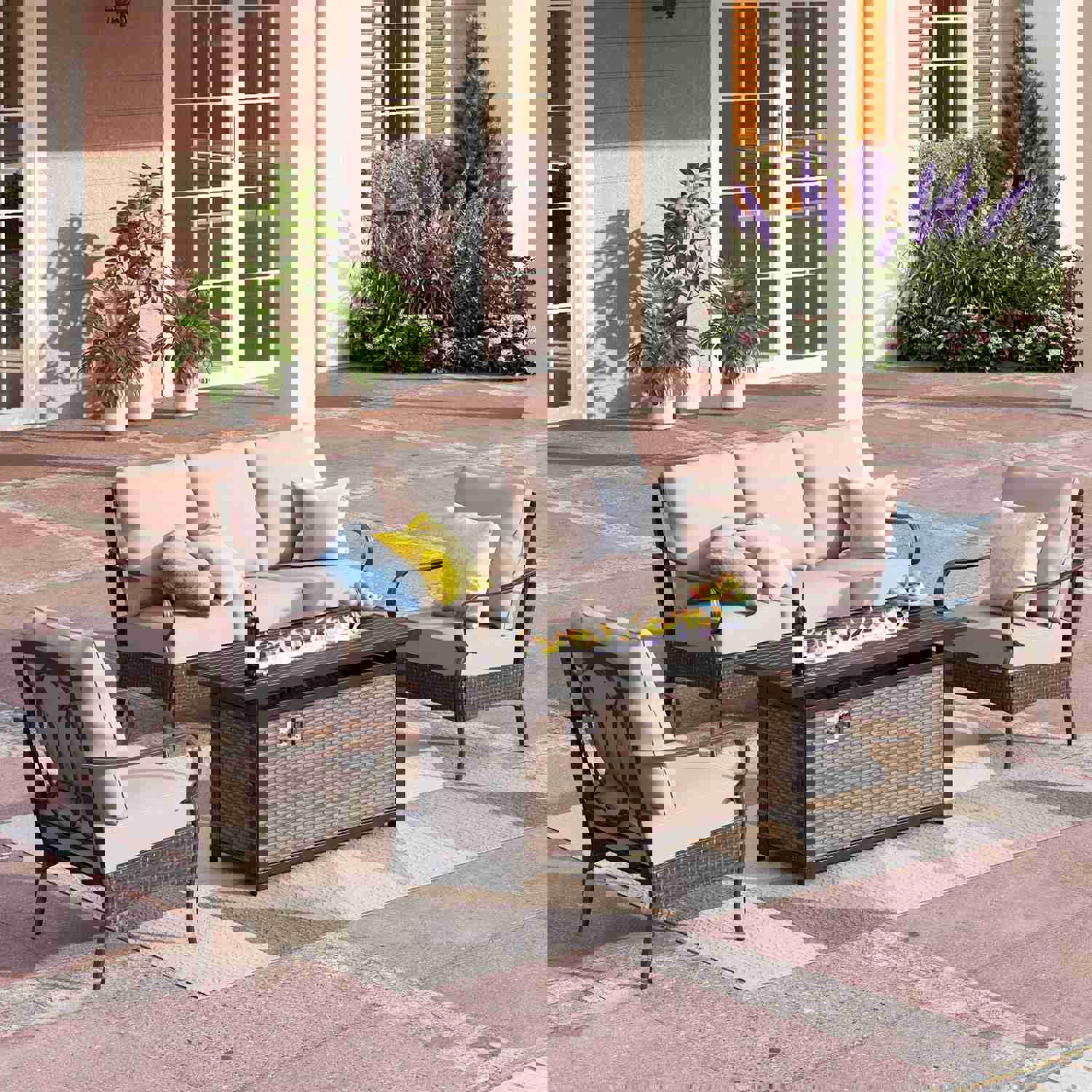 Phi Villa 5-Seater Outdoor Steel & Rattan Sofa Set with Fire Pit