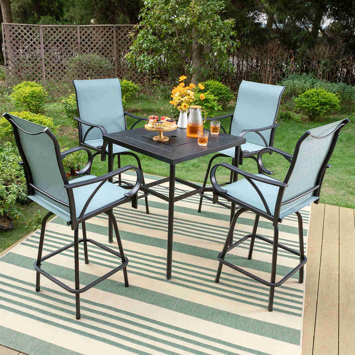 PHI VILLA Outdoor Bar Stool Set with Steel Table & Swivel Textilene Stools