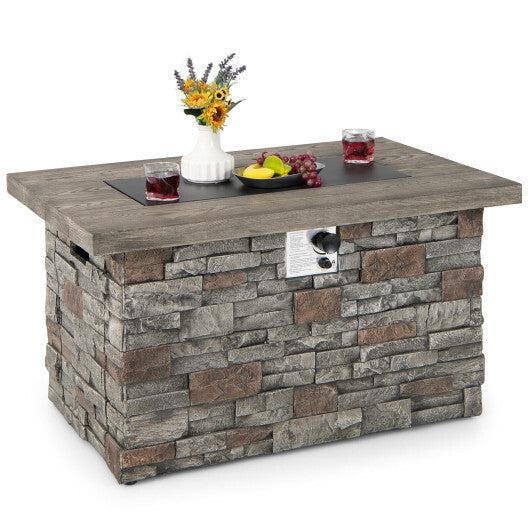 43.5 Inch Rectangle Grey Stone-Look Propane Gas Fire Pit Table with Lava Rock and PVC Cover