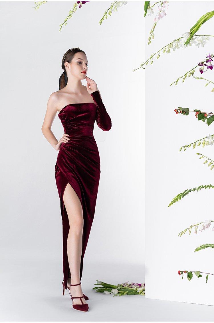 Elegant Vintage Wine Red Velvet One-Sleeved Prom Dress