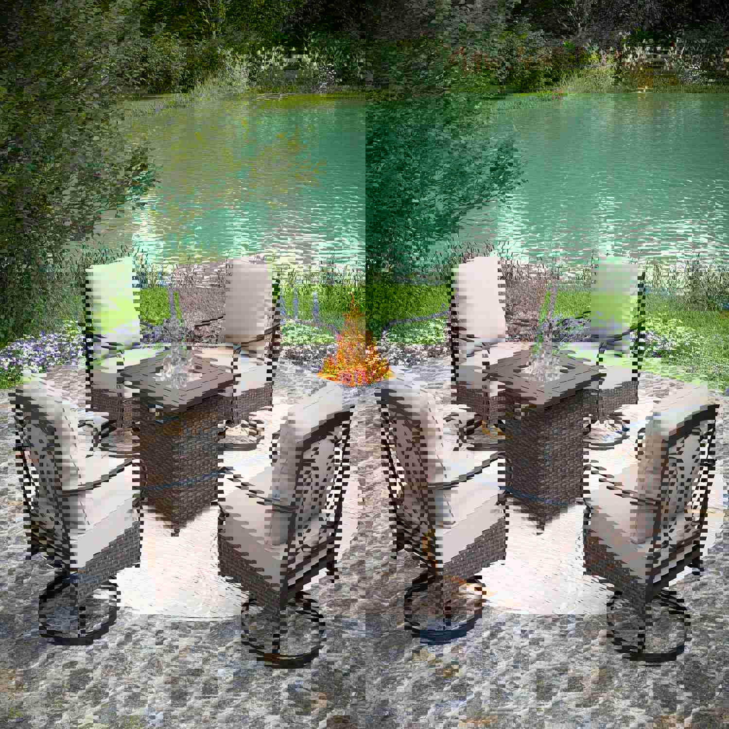 Phi Villa 4-Seater Outdoor Steel & Rattan Sofa Set with Fire Pit