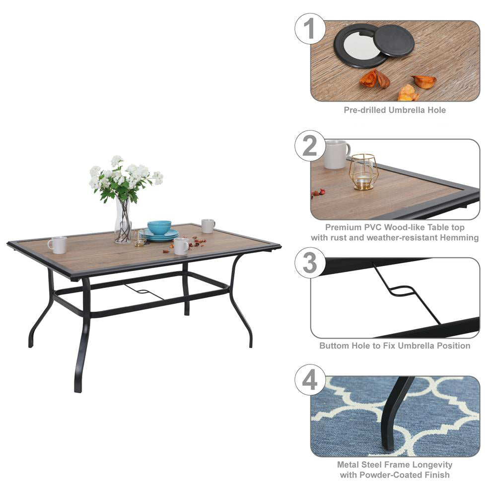 PHI VILLA 7-Piece Rust-Resistant Outdoor Patio Dining Set with Metal Steel Chairs and Wood-Look Table