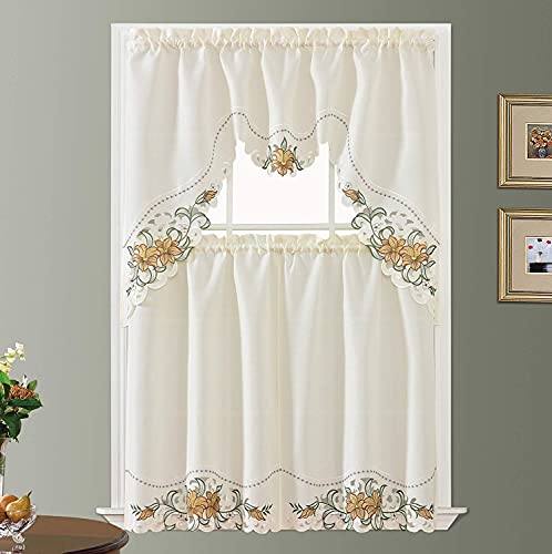 Elegant Gold Multi-Color Embroidery Swag & Tiers Curtain Set