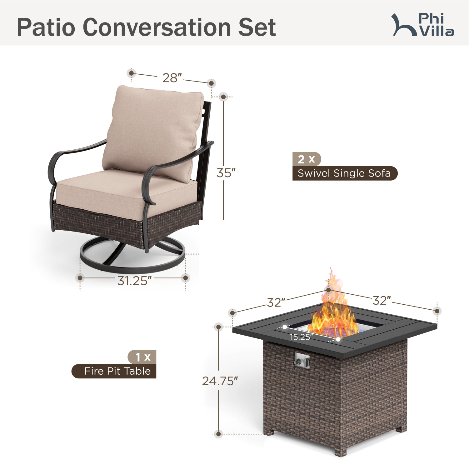 Phi Villa 4-Seater Outdoor Steel & Rattan Sofa Set with Fire Pit