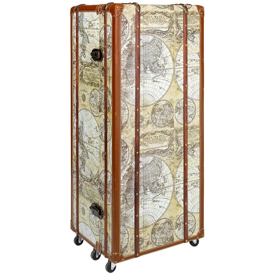Vintage World Map Steamer Trunk Bar Cabinet