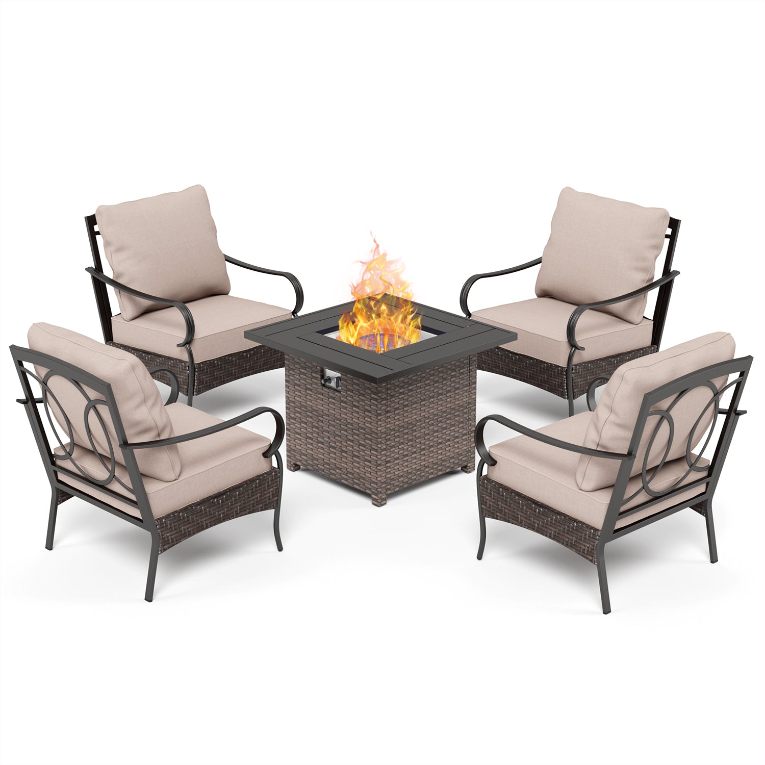 Phi Villa 4-Seater Outdoor Steel & Rattan Sofa Set with Fire Pit