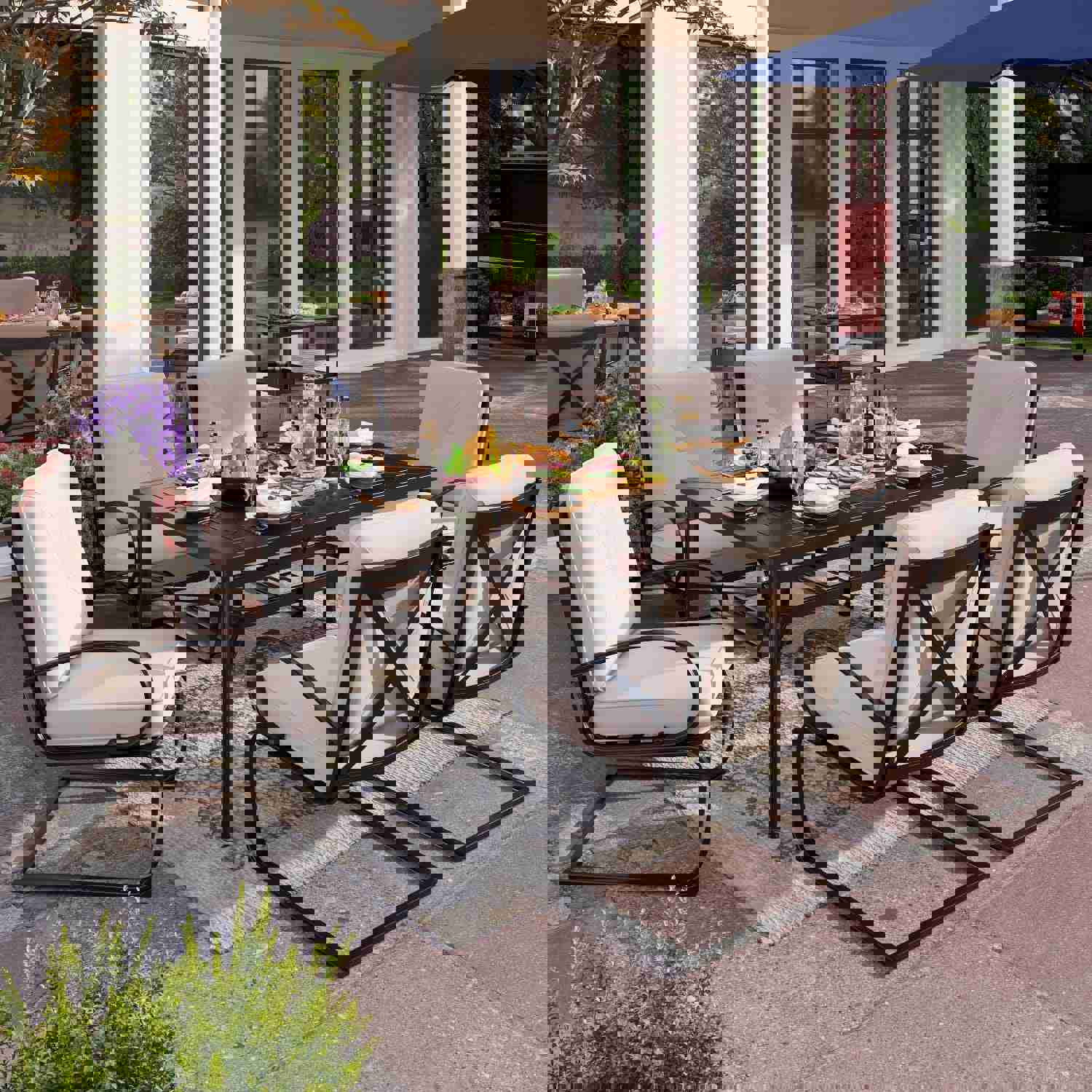 PHI VILLA 7-Piece Outdoor Dining Set with Durable Steel Table and Comfortable C-Spring Chairs